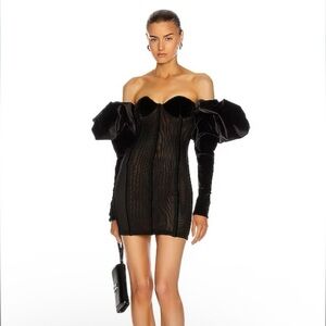 Laquan Smith Off Shoulder Puff Sleeve Dress Black Size Large Velvet Mini Evening
